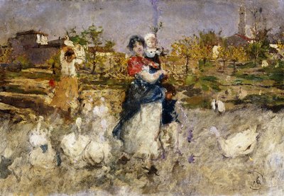 A Mother and Child with Geese by Mose Bianchi