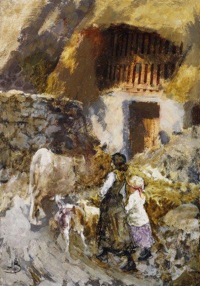 Girls Driving Animals to a Barn by Mose Bianchi