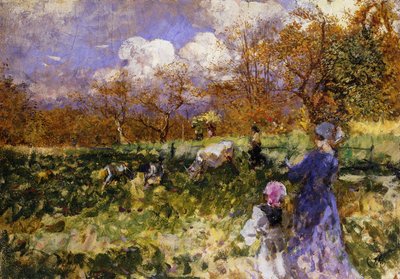In the Meadow; Women and Children Driving Goats by Mose Bianchi