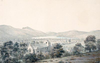 View of Bala Pool, Llyntagit, from above Llanfawr Church, Meirionethshire by Moses Griffith