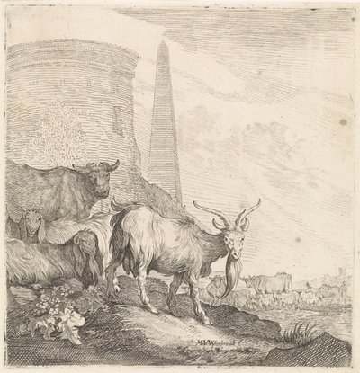 Goats and Cows by a Round Tower with an Obelisk by Moyses van Wtenbrouck