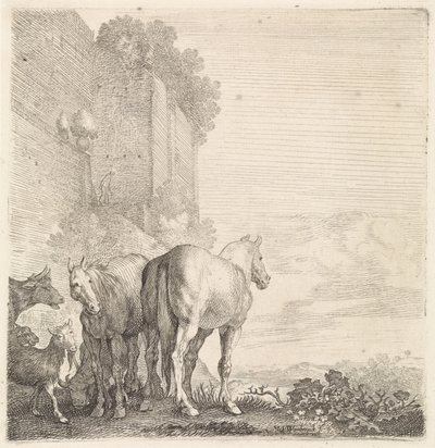 Two Horses with Goats and a Cow by a High (City) Wall (series title: Quadrupeds) by Moyses van Wtenbrouck
