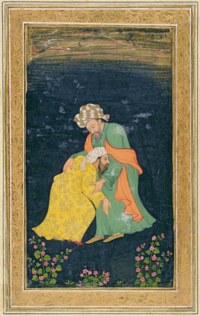 A Mullah bowing down to a man in Iranian dress who lifts him up from his supplication, from the Small Clive Album by Mughal School
