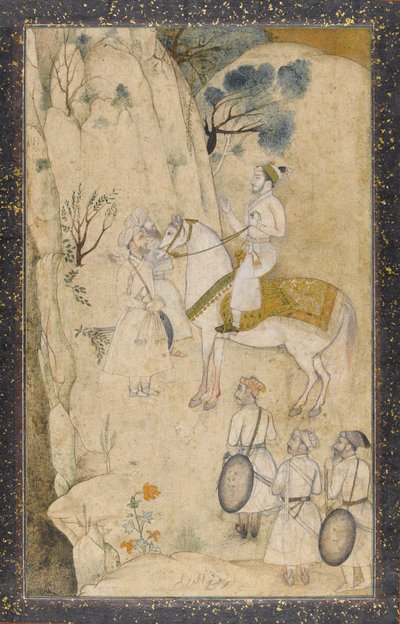 A Prince on Horseback, with Five Attendants, Regarding a Waterfall by Mughal School