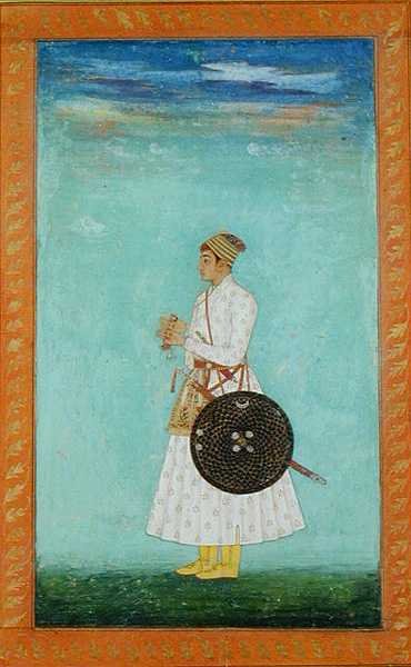 A young nobleman of the Mughal court holding a sealed brocade envelope, c.1670-80, from the Large Clive Album by Mughal School