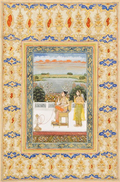 Album Page: Gulbadan Begum Smoking on a Terrace, Delhi, c.1800 by Mughal School