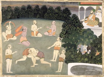 Athletes perform before a seated noble by Mughal School
