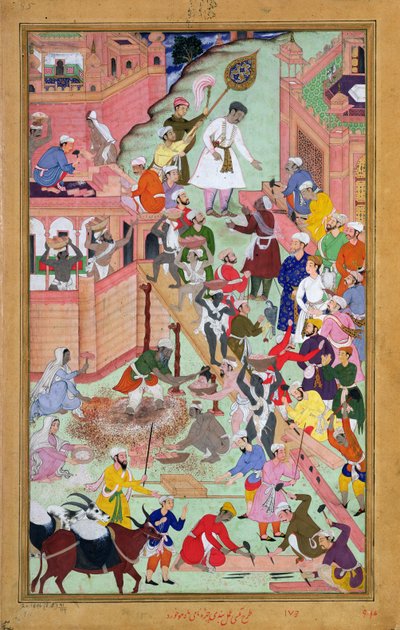 Emperor Akbar inspecting the building work at Fatepur Sikri, city completed 1584, from the Akbarnama by Mughal School