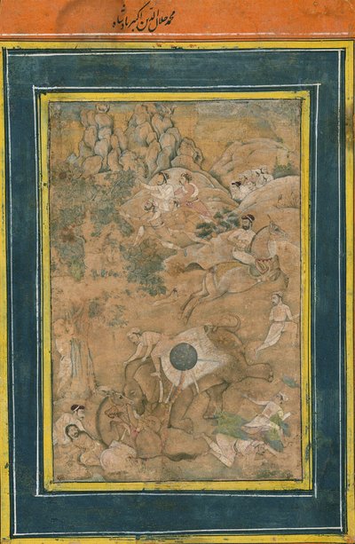 Emperor Akbar Controlling an Elephant During a Hunt by Mughal School