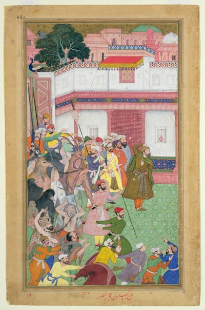 Fatepur Sikiri, 1573: Hasain Quli Khan-l Jahan presenting his prisoners to Emperor Akbar, from the Akbarnama made by Abul Fazi by Mughal School