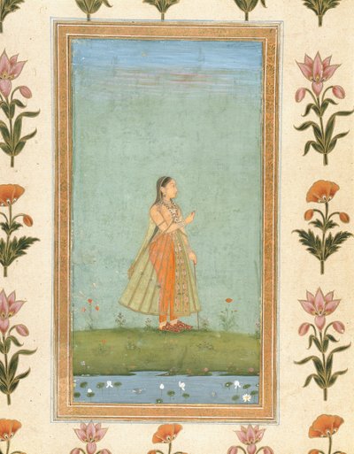 Lady holding a flower, standing by a lily pond, from the Small Clive Album by Mughal School