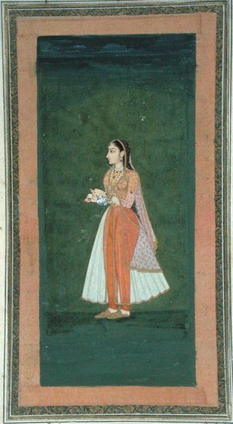 Lady holding a wine flask and cup, from the Small Clive Album by Mughal School