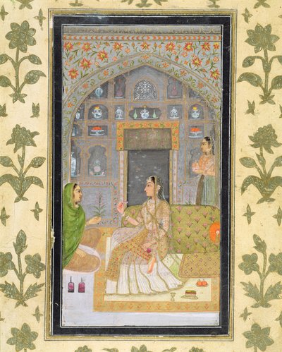 Lady seated in a Pavilion with attendants, from the Small Clive Album by Mughal School