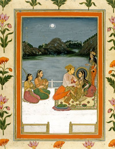 Lovers on a terrace by a moonlit lake, from the Small Clive Album by Mughal School