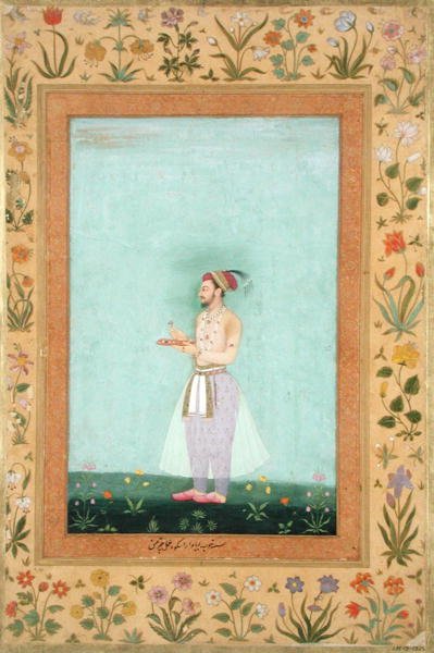 Prince Dara Shikuh holding a tray of jewels, from the Minto Album by Mughal School