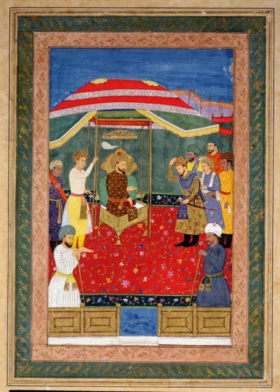 The Mughal Emperor Babur (1526-30) sitting on a throne receiving a prince, Johnson Album I, no.3 numbered 65 by Mughal School