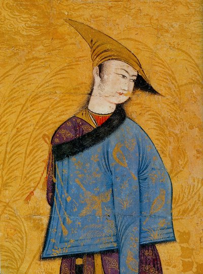 Youth wearing a short fur-lined coat over his shoulder by Muhammad Yusuf