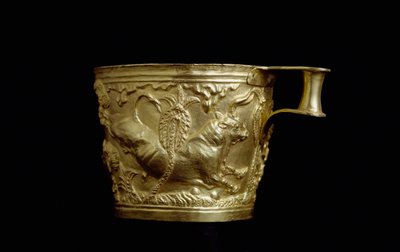 Gold cup decorated with a bull relief from Vaphio by Mycenaean