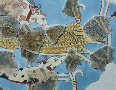 Fresco from Tirinto Palace (Greece). Detail: Group of Dogs Attacking a Wild Boar. Mycenaean Civilization by Mycenean