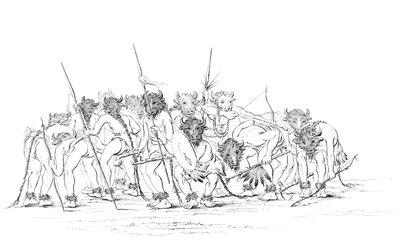 Native American hunters dancing wearing buffalo masks by Myers and Co