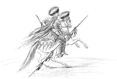 Native American male with weapons and headdress, riding a horse by Myers and Co