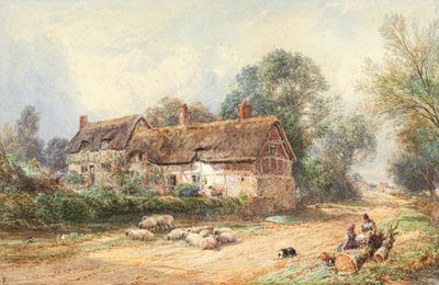 A Thatched Cottage on a Lane by Myles Birket Foster