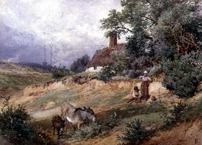 Children and Donkeys by a Heath Cottage by Myles Birket Foster