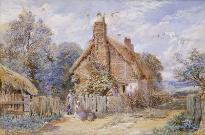 Children by a Thatched Cottage at Chiddingfold by Myles Birket Foster