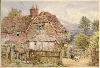 Girl with a Lamb by Farmhouse by Myles Birket Foster