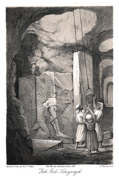 Excavating a Low-Relief Carving of the Fish God Dagon, Nineveh by N. Chevalier