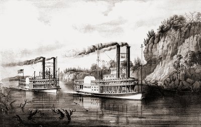 Steamboats racing on the Mississippi river, USA by N. and Ives J.M. Currier