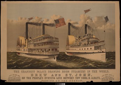 The Grandest Palace Drawing Room Steamers in the World, Drew and St John of the Peoples Evening Line between New York & Albany by N. and Ives J.M. (1824 95) Currier