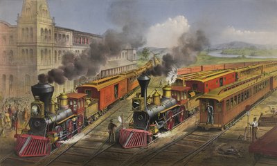 American Railroad Scene: Lightning Express Trains Leaving the Junction by N. and Ives, J.M. Currier