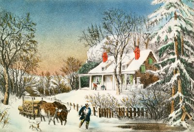 Bringing Home the Logs, Winter Landscape by N. and Ives, J.M. Currier
