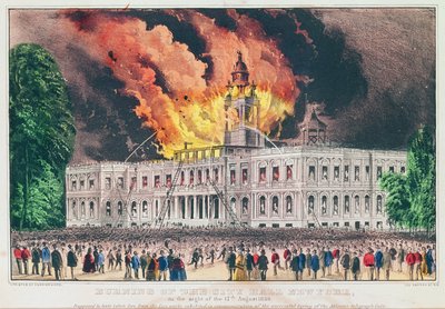Burning of the City Hall, New York, on the night of the 17th August 1858 by N. and Ives, J.M. Currier