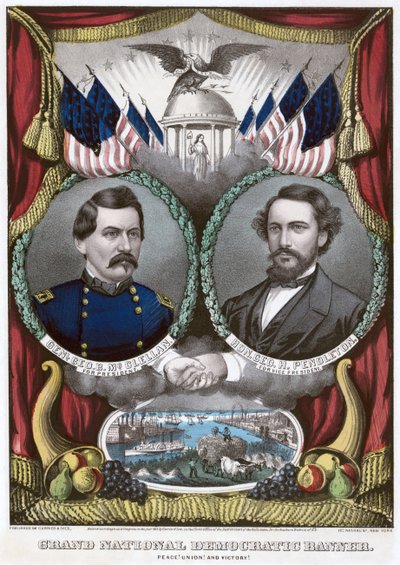 Grand National Democratic Banner. Peace! Union! and Victory! by N. and Ives, J.M. Currier