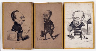 3 Portraits-charge: Francois Pierre Guillaume Guizot, Charles Jean-Baptiste Jacquot dit Eugene de Mirecourt, and Pierre-Joseph Proudhon by Nadar