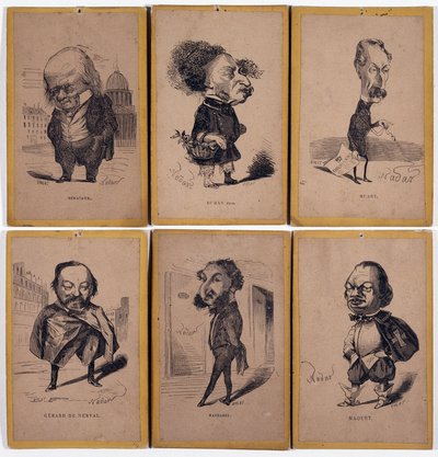 6 Charge Portraits: Pierre Jean de Beranger (1780-1857) French songwriter, Alexandre Dumas fils (1824-1895), Louis Adrien Huart (1813-1865) French journalist, writer and theatre director, Gerard de Nerval (1808-1855), French writer, Charles Matharel de Fie by Nadar