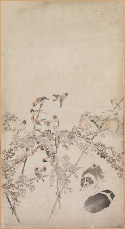 Puppies, Sparrows and Chrysanthemums by Nagasawa Rosetsu