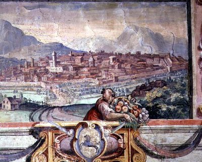 Bedroom, detail of frieze depicting towns under Medici rule by Nanni di B. Bigio and Bartolomeo Ammannati