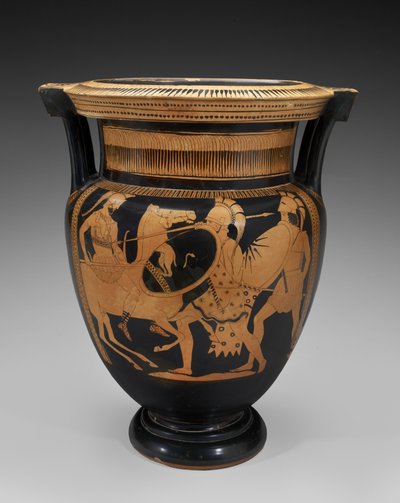 Red-Figure Terracotta Column Krater with Battle Scene by Naples Painter (attr. to)