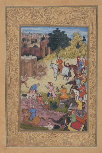 A Bathhouse Keeper is Consumed by Passion for his Beloved, Folio from a Khamsa, 1597-98 by Nar Singh