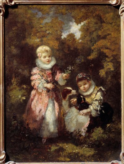 Children and dogs (Painting by Narcissus Diaz de la Pena) by Narcisse Virgile Diaz de la Peña