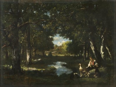 Man and Dog Resting in Forest Glade by Narcisse Virgile Diaz de la Peña