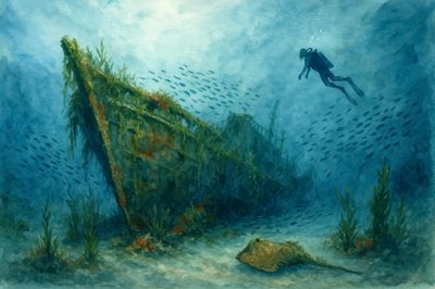 Diver Exploring Shipwreck by Natalie Bruns