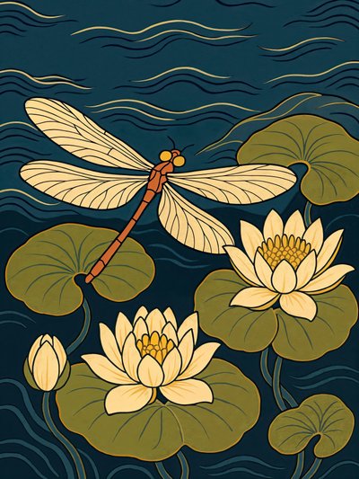 Dragonfly Water Lilies Pond by Natalie Bruns