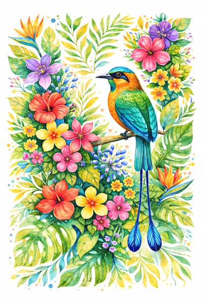 Motmot in Tropical Blooms by Natalie Bruns