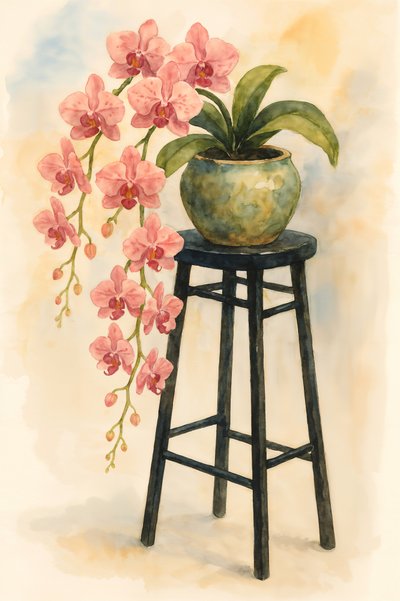 Pink Orchid on Stool by Natalie Bruns