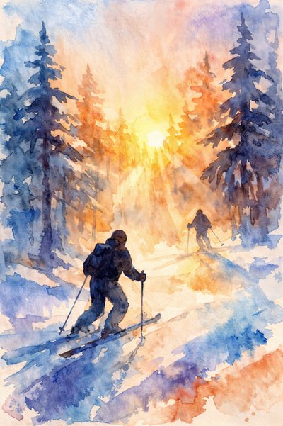 Winter Skiers Sunrise by Natalie Bruns