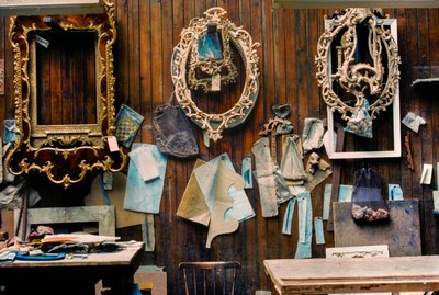Mirror or Looking Glass Frames Await Gilding in Workshop of a Furniture Restorer in London, UK by Nathan Benn